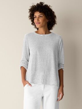 Eileen Fisher Striped Long-Sleeve Linen Top - White/Black Medium